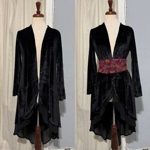 90s Black Velvet Duster Goth Cardigan Waterfall Sheer Hem Open‎ Front Women S